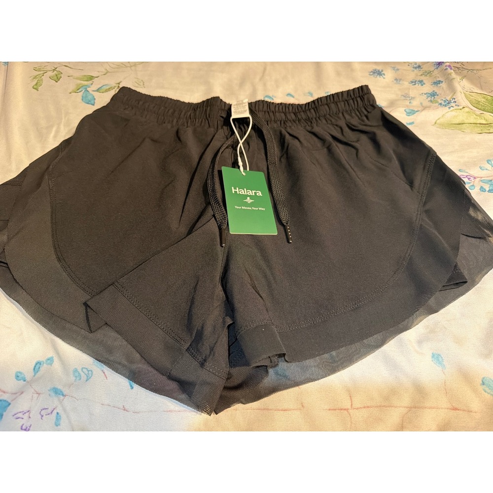Halara Black Mid Rise Drawstring Contrast Mesh 2-in-1 Flowy Running Shorts 3in S - Picture 7 of 11